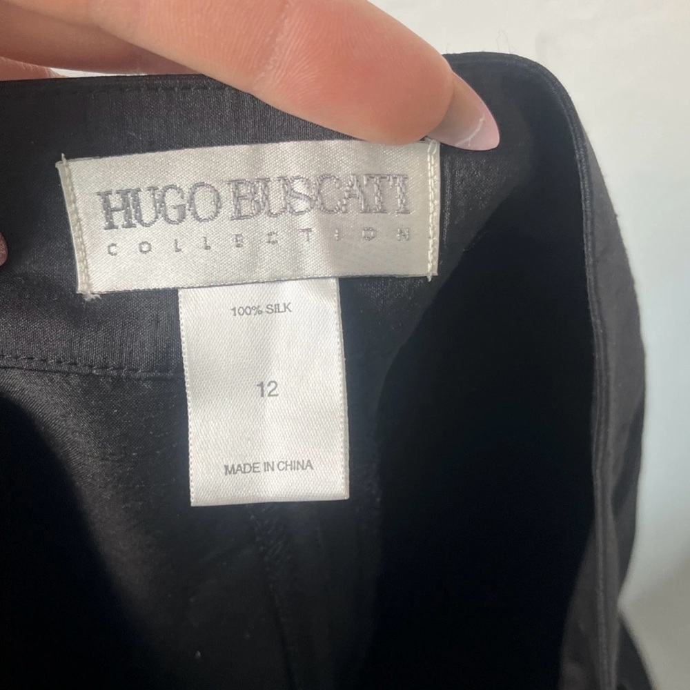 Hugo Buscati 100% Silk Black Pleated Cropped Tapered Dress Pants 12 Quiet Luxury - Picture 5 of 8